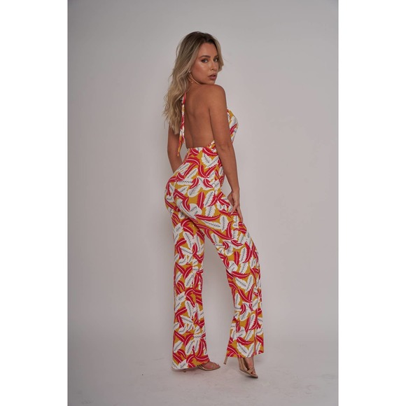 NWT Red Tropical Print Halter V Neck Jumpsuit - Medium - Picture 5 of 7